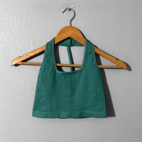 Free People Movement Teal Ribbed Crop Tank Top XS/S with Triangle Silver Accent - Picture 2 of 9